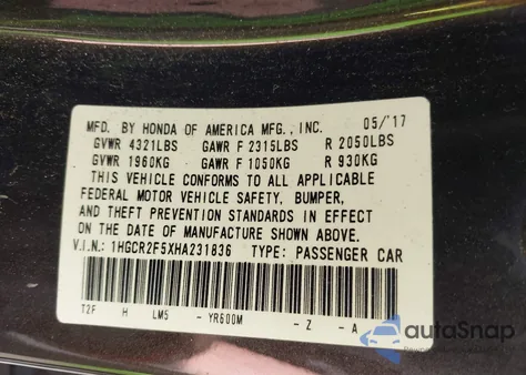 2017 Honda Accord Sport from USA, damaged, VIN 1HGCR2F5XHA231836